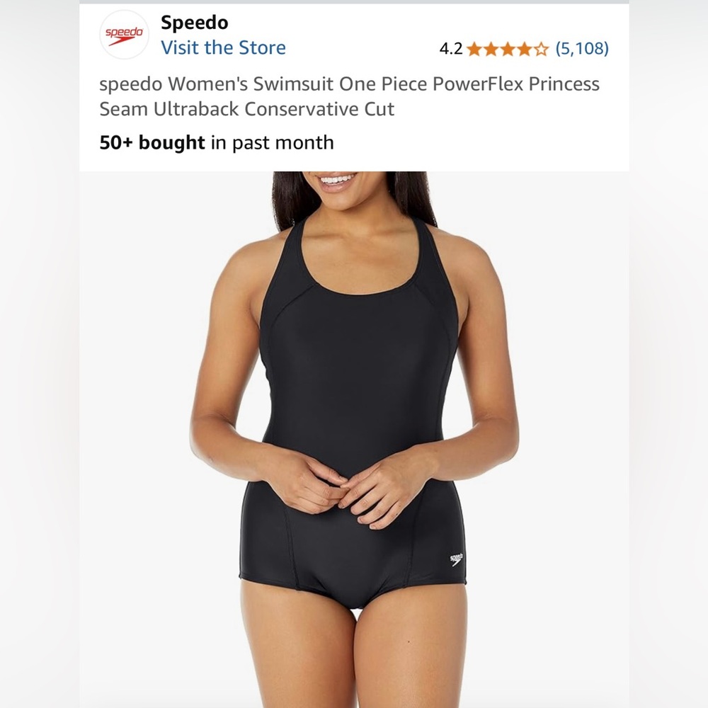 Speedo Women's Powerflex Princess Seam Ultraback Black Swimsuit - Like New!